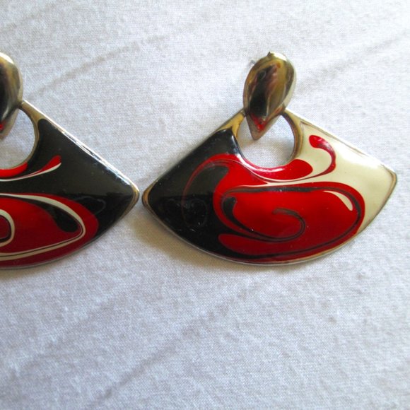 VINTAGE 80s new wave black Red pour paint swirl earrings - Picture 5 of 6